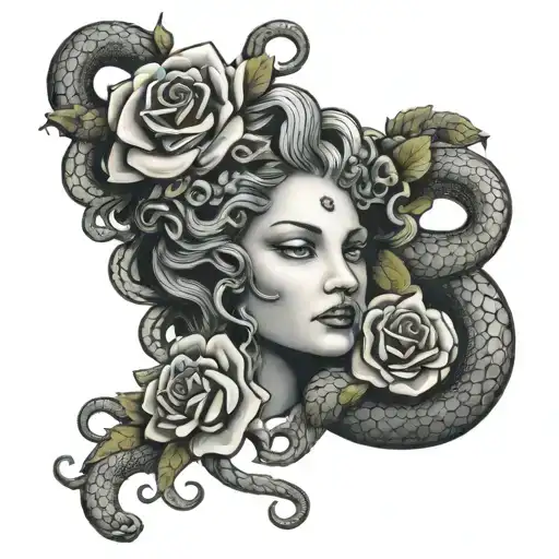 medusa head with snakes and roses growing tattoo design idea