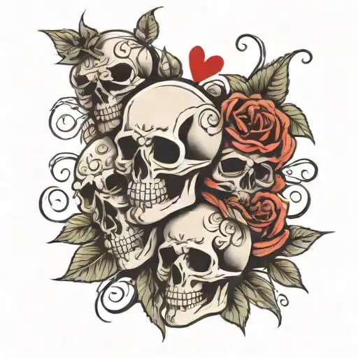3 mexican skulls, 3 hearts, roses, thorns and leaves tattoo design idea