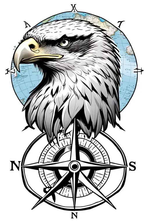eagle head with nautical map behind it and compass rose below it tattoo design idea