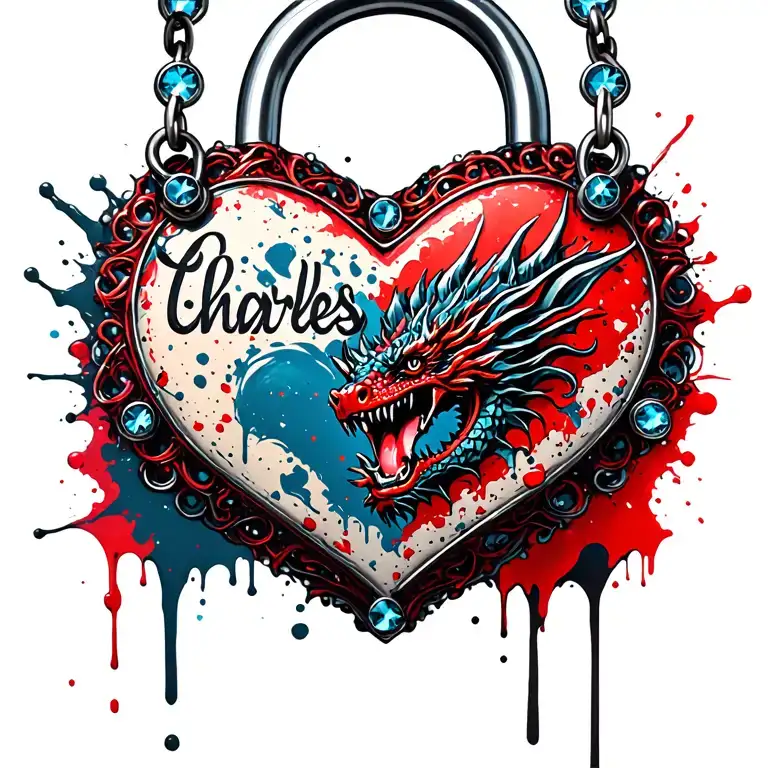 red and blue heart shaped lock with dragon engraved on it. dog tag hanging with the name Charles. 6 gems on lock bar tattoo design idea