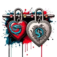 red and blue heart shaped lock with dragon engraved on it. dog tag hanging with the name Charles. 6 gems on lock bar tattoo design idea