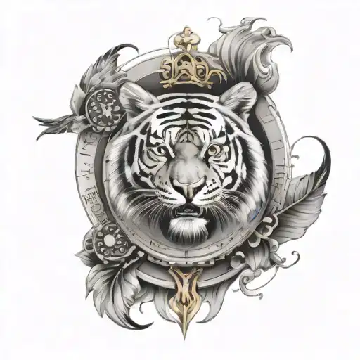 Create an arm sleeve tattoo with a tigers face, a bird flying from a cage with casino chips inside of it on fire, clock tattoo design idea