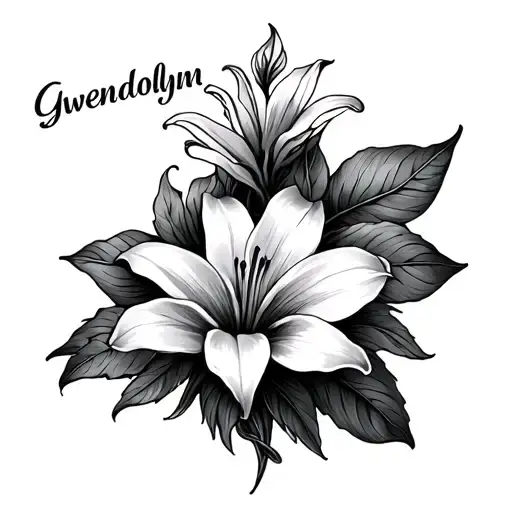 the name 'Gwendolynn' fineline tattoo. at the end the name smoothly transitions in to a lilly flower tattoo design idea