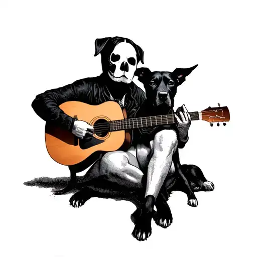 A leftist therapist playing guitar with a black faced dog with white body familiar tattoo design idea