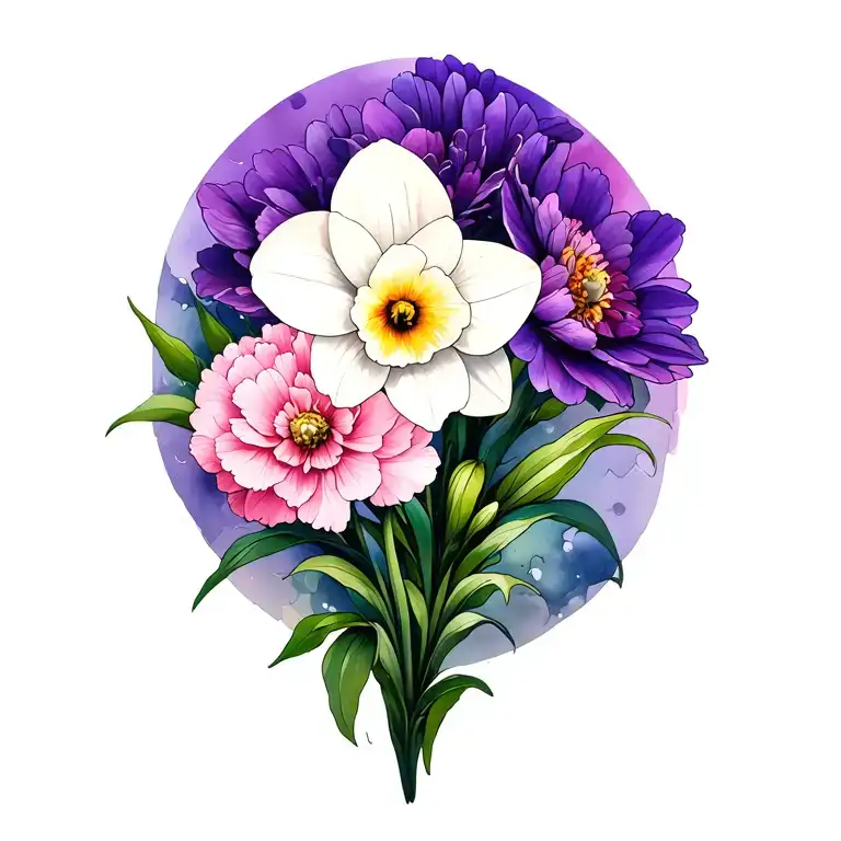purple carnation white daffodil pink cosmos Create tattoo design idea