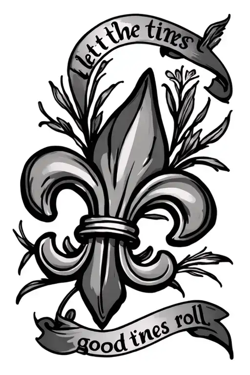 Fleur de Lis with iris and words "let the good times roll" tattoo design idea