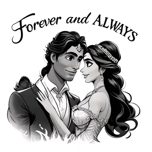 i need a princess and the frog tattoo with under the tiana put forever and ALWAYS and for prince naveen put  tattoo design idea