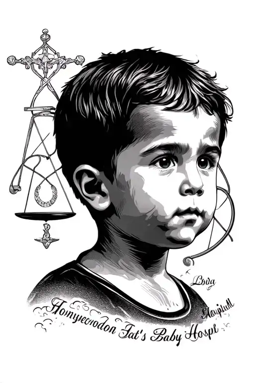 Libra zodiac sign with baby boy portrait face and faded hometown street with baby's hospital name  tattoo design idea