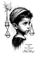 Libra zodiac sign with baby boy portrait face and faded hometown street with baby's hospital name  tattoo design idea