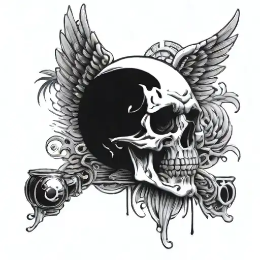 make a skull, with angel wings holding an eight ball coming out of the skull's eye tattoo design idea