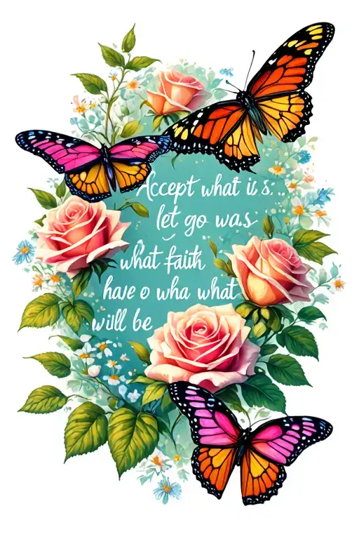 roses and butterflies surrounding a quote 'Accept what is, let go of what was, have faith in what will be' tattoo design idea