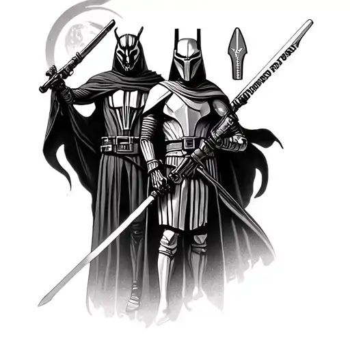 Generate a leg sleeve tattoo with Darth maul, general grievous and obiwon ken obi, Luke Skywalker, yoga and ashoka tattoo design idea