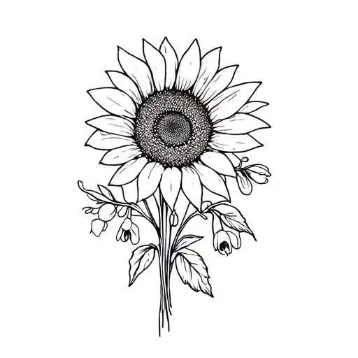 sunflower, larkspur, snowdrop bouquet fine line tattoo design idea