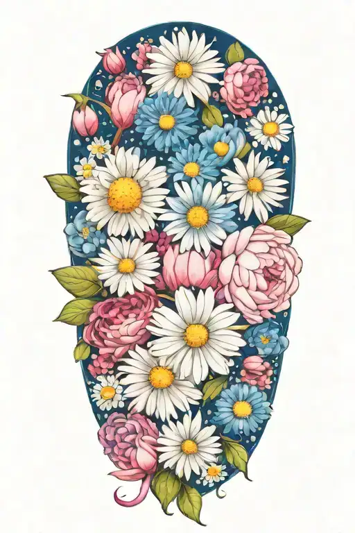 an intricate boquet of white daisys, blue cosmos flowers, and pink peony tattoo design idea