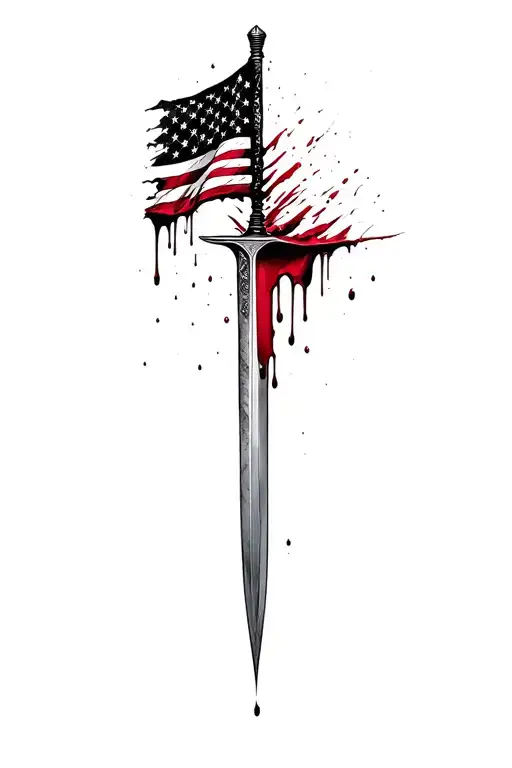 blood dripping and tattered usa flag and sharp long blade tattoo design idea