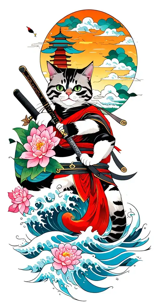 ninja cat holding katana, tail, water, waves, lotus, sakura, clouds, whirlpool, leaves, peony, sunset, pagoda, temple tattoo design idea