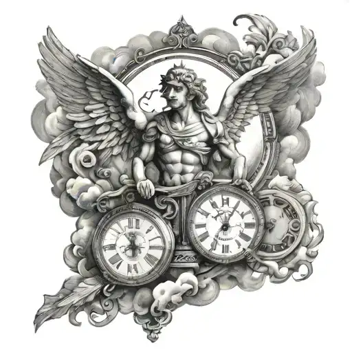 roman numerals covered by clouds and angels  tattoo design idea