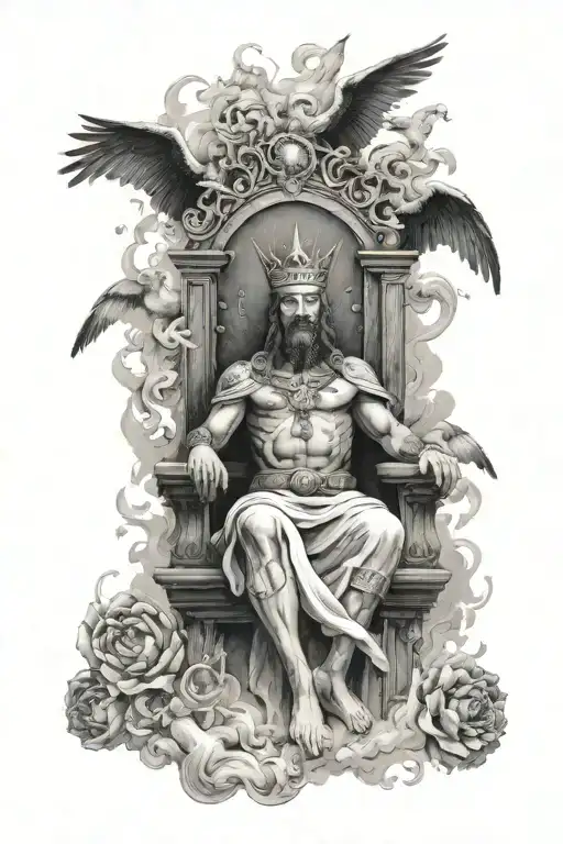 king of kings sitting on throne of heaven surrounded by flying angels and background of fire in half sleeve realism tattoo design idea