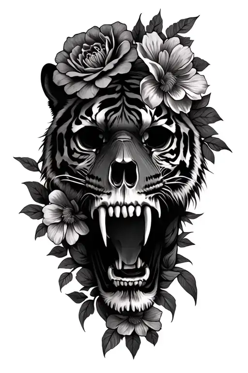 skull, tiger, flowers tattoo design idea