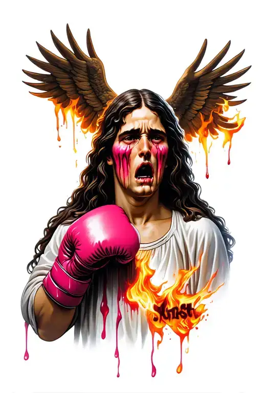"Everything can Christ" Virgin painful crying, with tears that are transformed into fire or blood, connecting with a boxing glove and a pink tattoo design idea