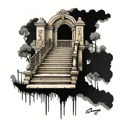 stairway to heaven gates with jesus at the top and fallen loved ones names on each step tattoo design idea