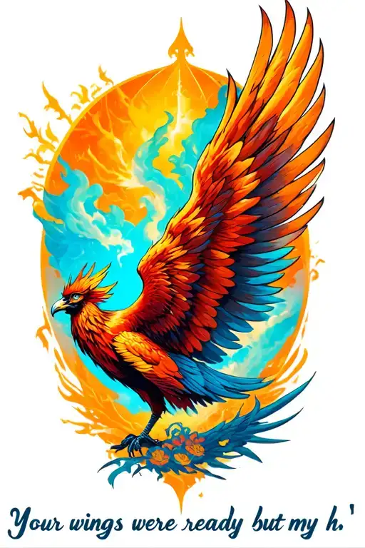 "Your wings were ready but my h" angle wing with phoenix rising tattoo design idea