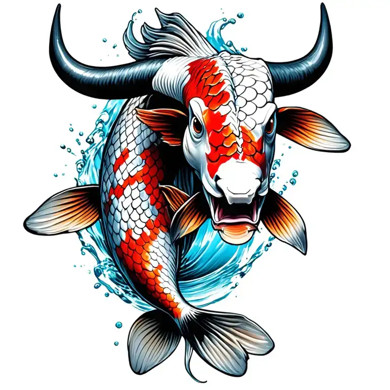 jumping koi fish with bull head only black White tattoo design idea
