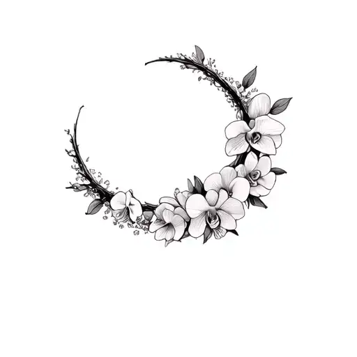 upside down half moon shape kind of flower crown involving cataleya orchids and cherry blossoms in real tattoo design idea