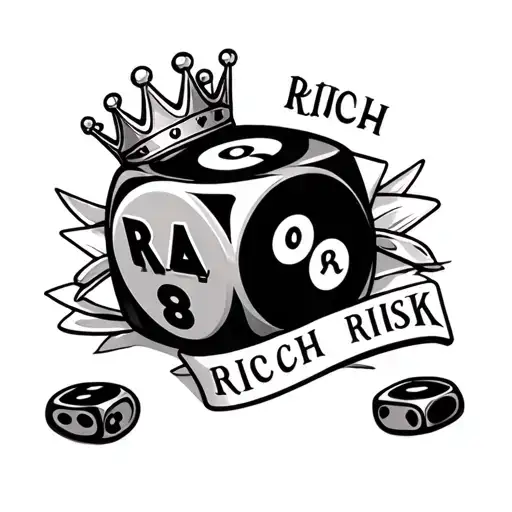 tattoo has dice that says Rich or risk with an eight ball that has a crown on it with some cards around the dice tattoo design idea