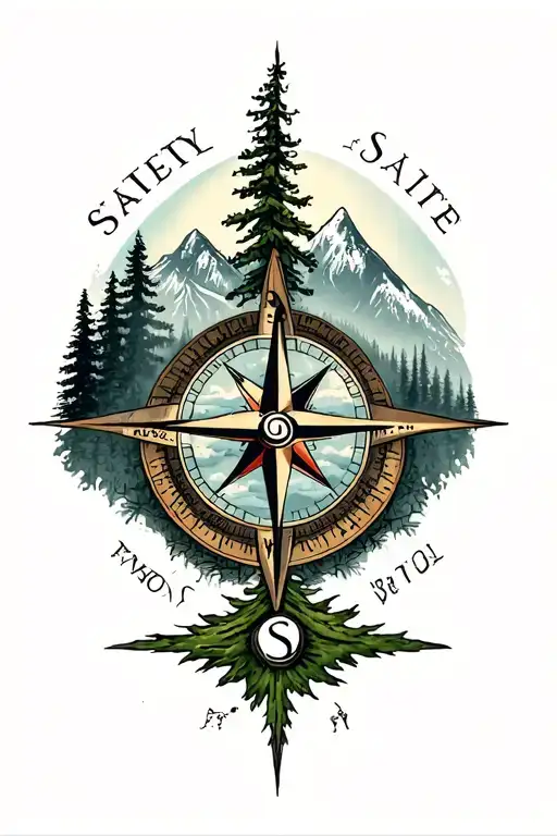mountains with forest trees compass  tattoo design idea