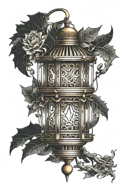 tattoo with a Сhinese prism-shaped lantern, a parchment scroll, a ribbon with an inscription, a sword, an oak leaf tattoo design idea