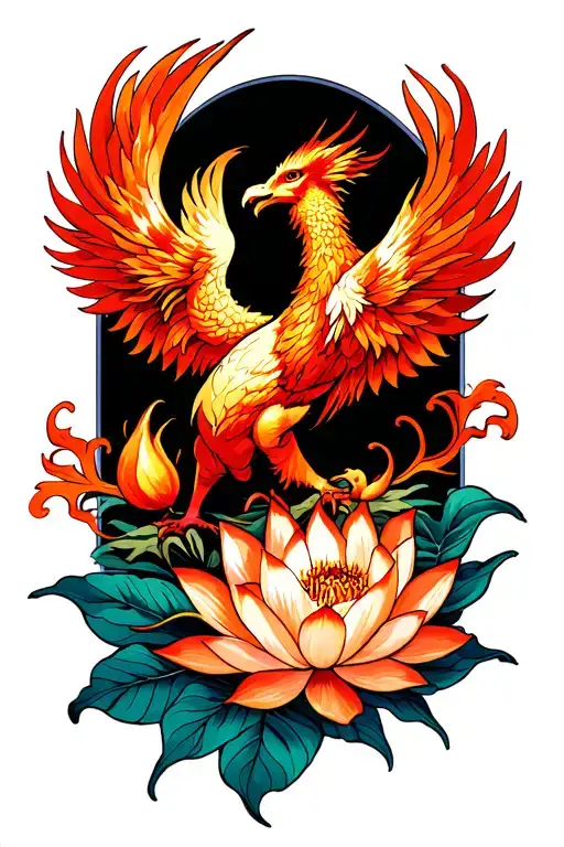 fiery Phoenix rising with lotus flowers tattoo design idea