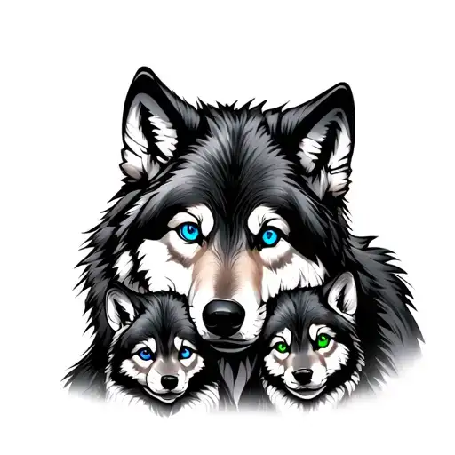 parent wolf with blue eyes with 2 cubs with blue and green eyes tattoo design idea