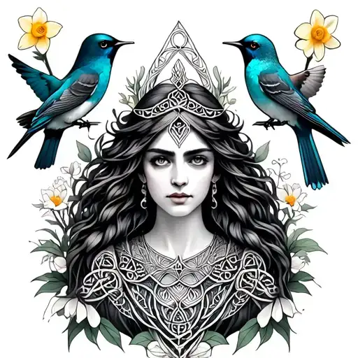 Celtic Goddess, Rhiannon. Surrounded by flying songbirds and daffodils tattoo design idea
