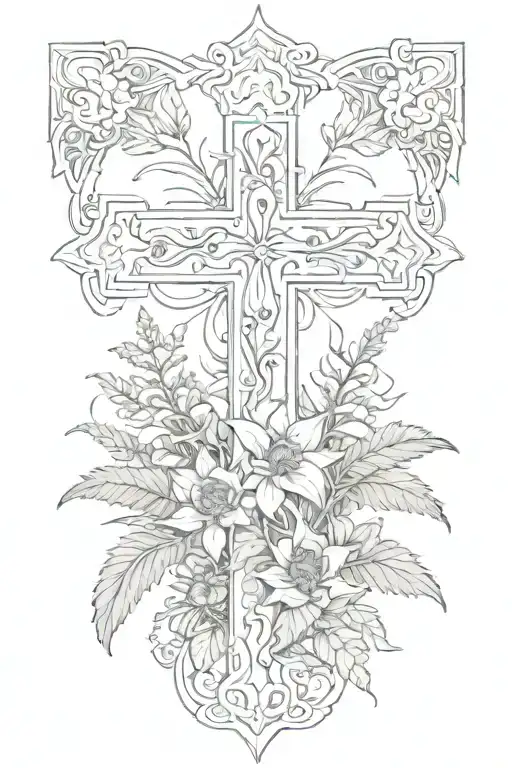 a cross with ferns, sunflowers, and lily of the vally flower growing outward of it tattoo design idea
