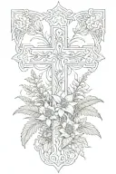 a cross with ferns, sunflowers, and lily of the vally flower growing outward of it tattoo design idea