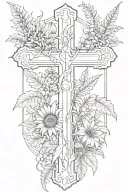 a cross with ferns, sunflowers, and lily of the vally flower growing outward of it tattoo design idea