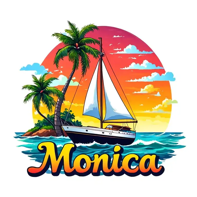 "Monica" "Monica" "Monica" "Monica" "Monica" foreground white sailboat, sunrise sky small background distant island with 2 palm tree.  ocean vibrant colors tattoo design idea