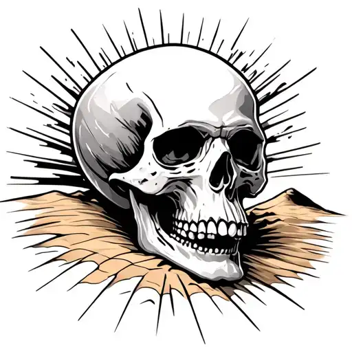 Skull disintegrating into dust, sun rays beaming from left side, sand dunes in background tattoo design idea