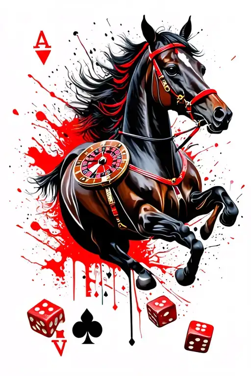 gambling theme, including race horses, dog racing roulette dice and playing cards ace, king, queen, jack, 10 spades tattoo design idea