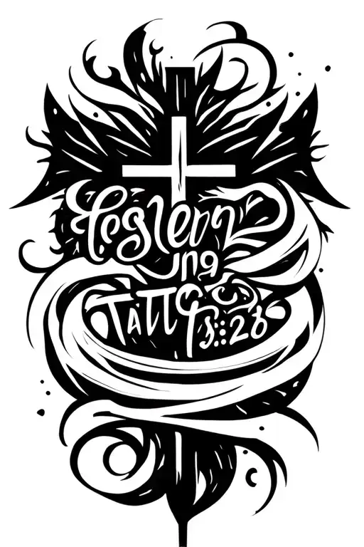 christian cross with romans 8:28 bible verse tattoo design idea
