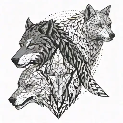A geometric design of a wolf, penguin, and lion intertwined to represent the client's favorite animals tattoo design idea