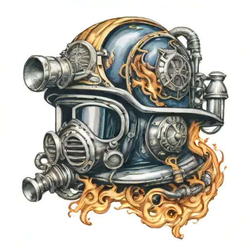 Firefighter helmet engulfed in flames with a navy deep sea diver helmet integrated into the design tattoo design idea
