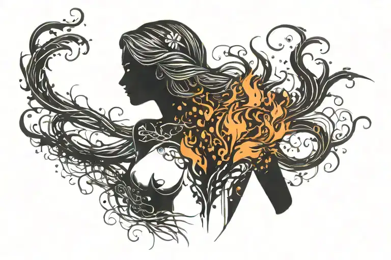 Black silhouette of a girl against a background of fire, notes bursting from her chest or throat. The entire tattoo agai tattoo design idea