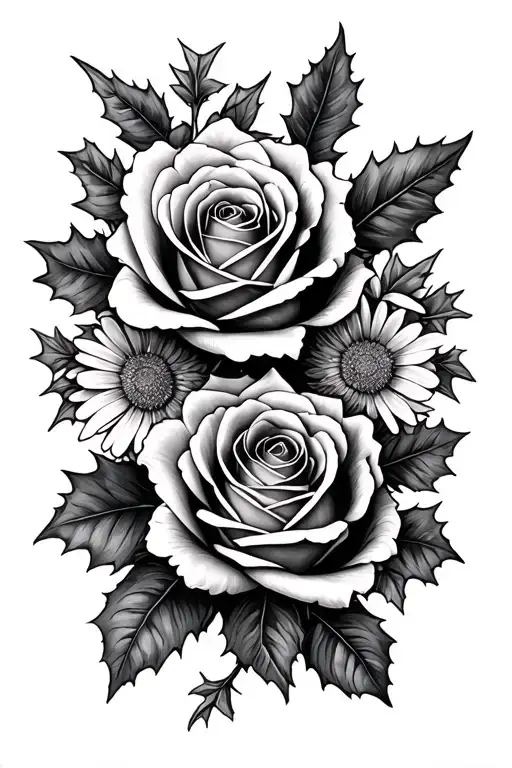 Roses, aster, holly flowers tattoo design idea
