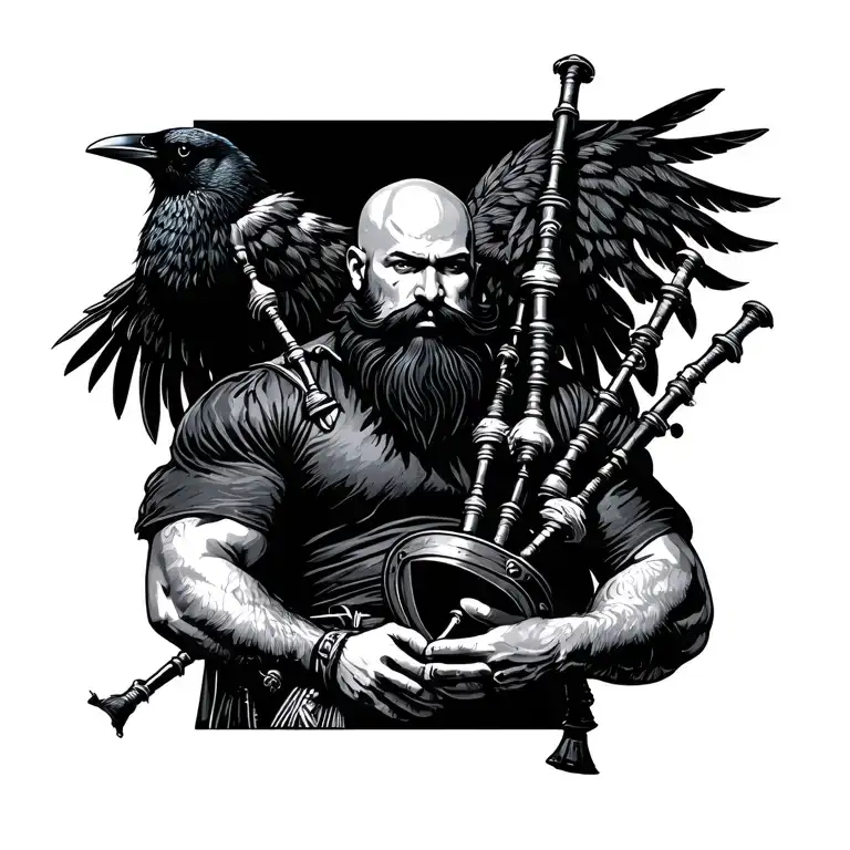 bald bagpiper with black beard with crow featherd muscular body with a mans head and hands playing blackbagpipes tattoo design idea