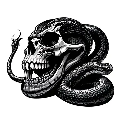snake and skull, cyberpunk, military, tech tattoo design idea