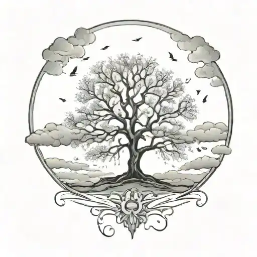 barren tree with buds surrounded by clouds with the words "you will be warm again" behind the tree tattoo design idea