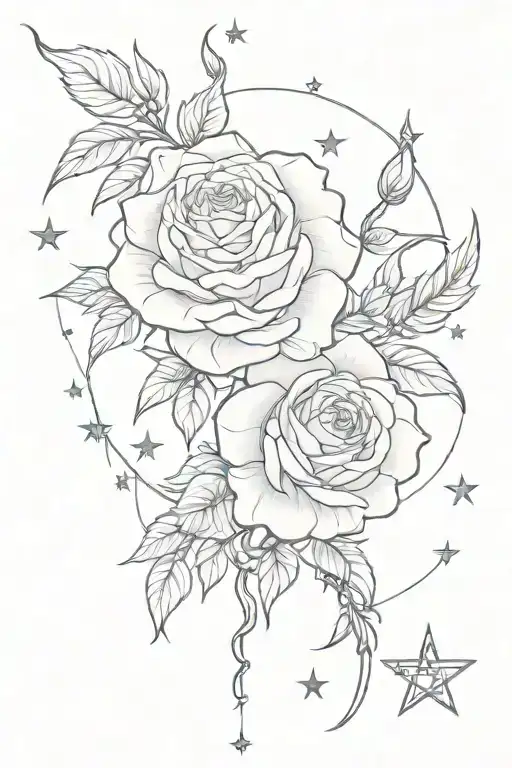 roses,cool stars and Chinese word  tattoo design idea