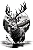 Trout jumping out water right below a giant mule deer buck head with a mountain range behind and above the deer tattoo design idea